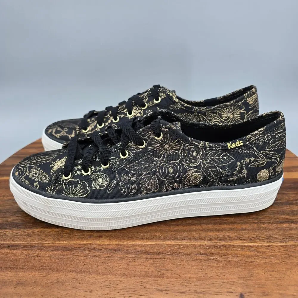 Keds Shoes Womens 9 Black Gold Floral Platform Lace Up Rifle Paper Co Sneakers - Picture 3 of 8